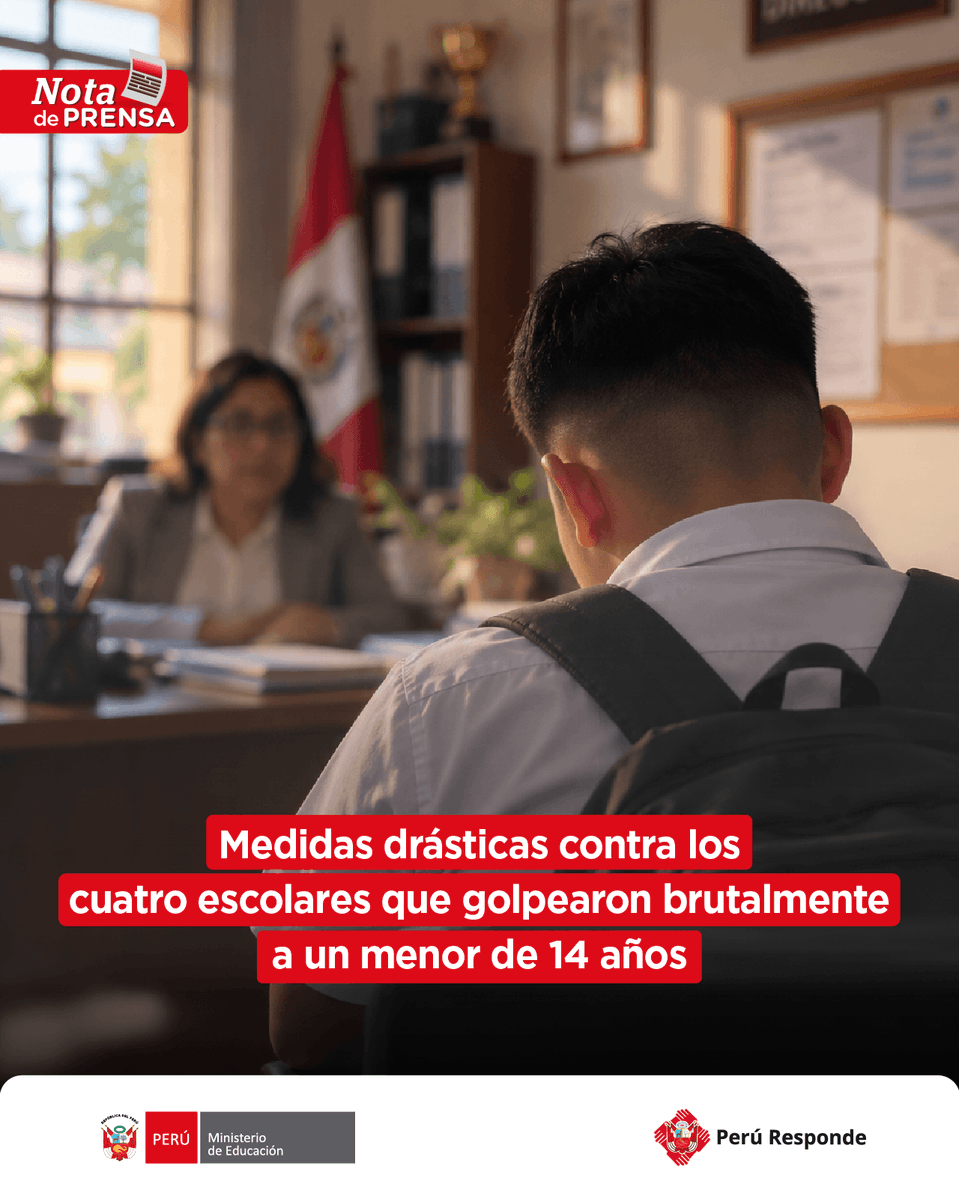 MineduPeru's tweet photo. 🚨 ¡No toleraremos más violencia! 

El director de la DRELM, Cornelio Gonzales, anunció la suspensión de los cuatro estudiantes implicados en la agresión a un escolar de 14 años de la IE Bartolomé Herrera, en el distrito de San Miguel.

#NDP 👉 https://t.co/oYymRj5K4w https://t.co/0rKhuhJ2uM