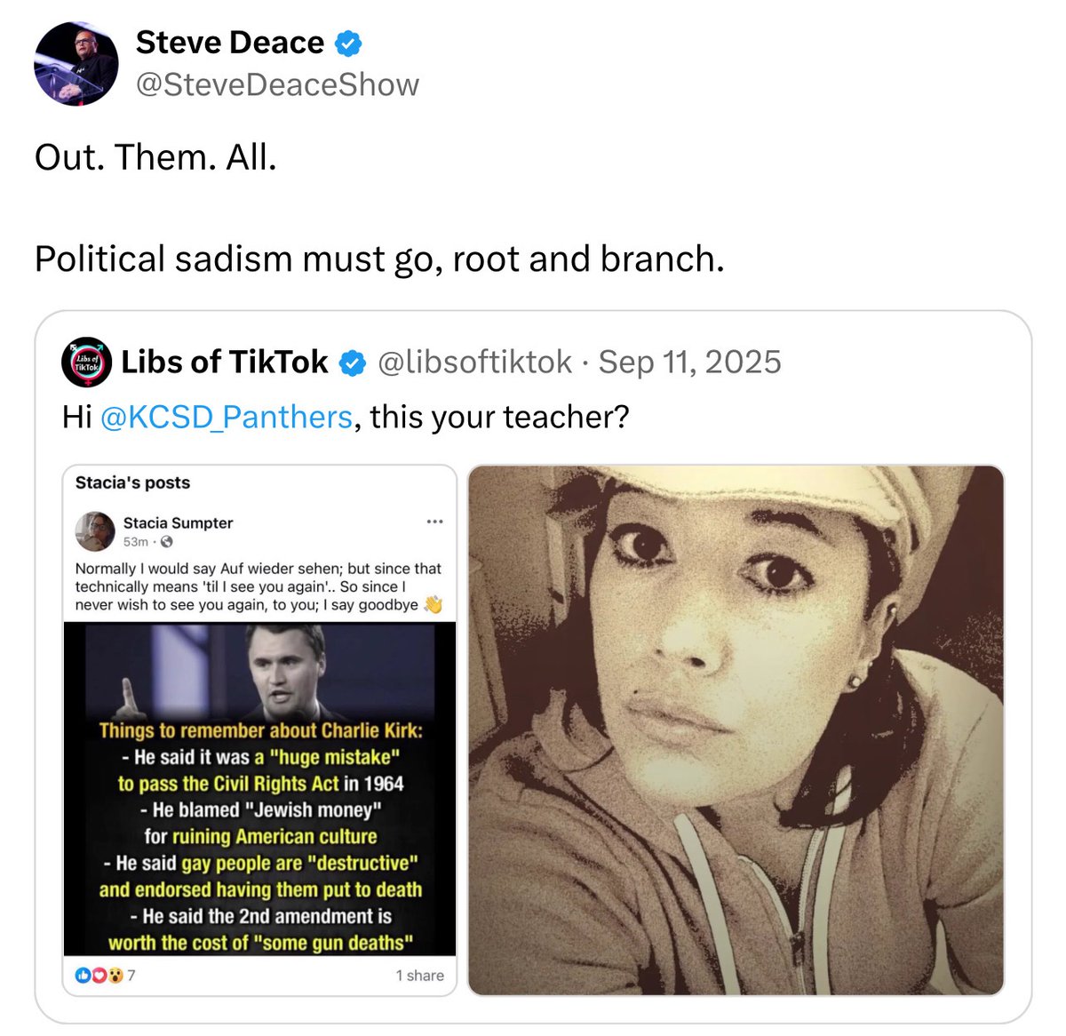 libs_settlement's tweet photo. $145,000

BREAKING: Stacey Sumpter, a former special education associate in Iowa, settled her lawsuit against the school district for $145,000 after being fired over her Charlie Kirk comments.
 
She made those comments on her personal facebook account during her free time. 
 
The following day, @LibsOfTiktok and other X accounts shared her comments, demanding that the school district fire her 
 
She was place on leave and fired 2 days later without a hearing or an opportunity to present her side of the story.
 
Stacey sued the district in Oct 2025 alleging violations of her 1st amendment rights
 
The school district has agreed to pay her $145,000 to settle the lawsuit