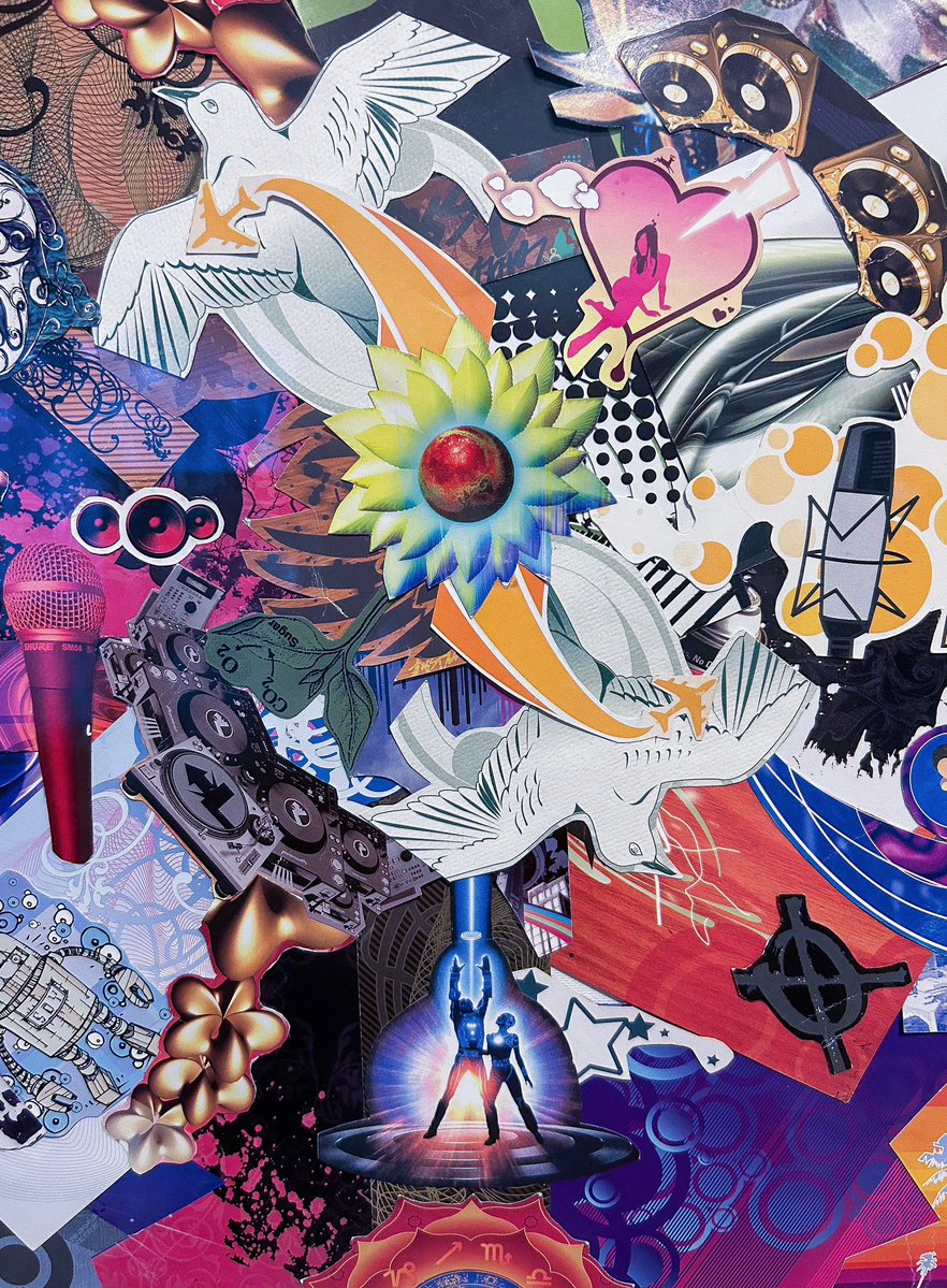 JeremyHernandez's tweet photo. Title: Whisperin Wind
✂️ Hand-cut analog collage using rare and vintage Canadian rave and club flyers from the 90s to 2015. The photo is an enlarged section from a bigger piece. My artist statement link in bio. 
❌𝐍𝐨 𝐀𝐈.

Artist: @jeremyhernandez https://t.co/3SBCYLmH3n