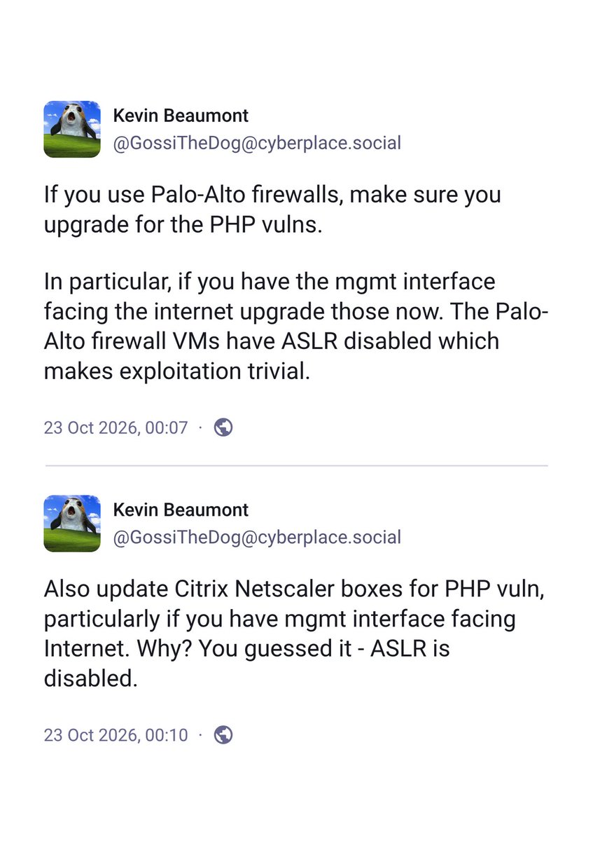 IntCyberDigest's tweet photo. ‼️ Palo Alto firewall VMs and Citrix NetScaler run without ASLR, a basic memory defence, Kevin Beaumont says.

He warns that makes the PHP2Shell flaws trivial to exploit through internet-facing management interfaces.

Neither has a patch out. Citrix promises one on 27 October. https://t.co/qTktyfVNd1