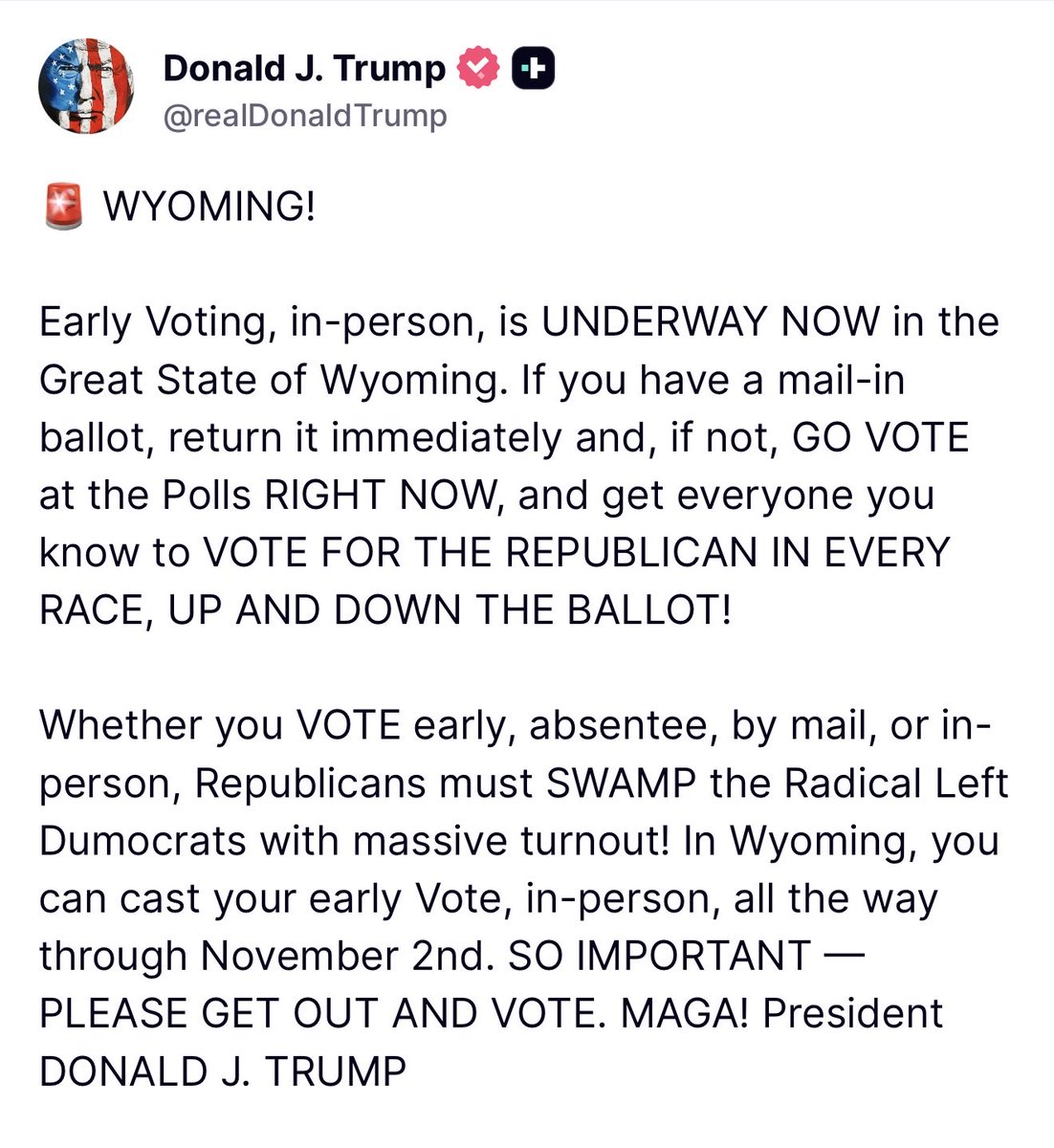 MAGAVoice's tweet photo. 🚨 JUST IN: President Trump calls on everybody to SWAMP THE VOTE and do IN PERSON VOTING for Alaska, Wyoming, West Virginia and Washington 

WE HAVE TO PROVE THE FAKE NEWS WRONG

GET OUT AND VOTE https://t.co/LkVclP3xwd