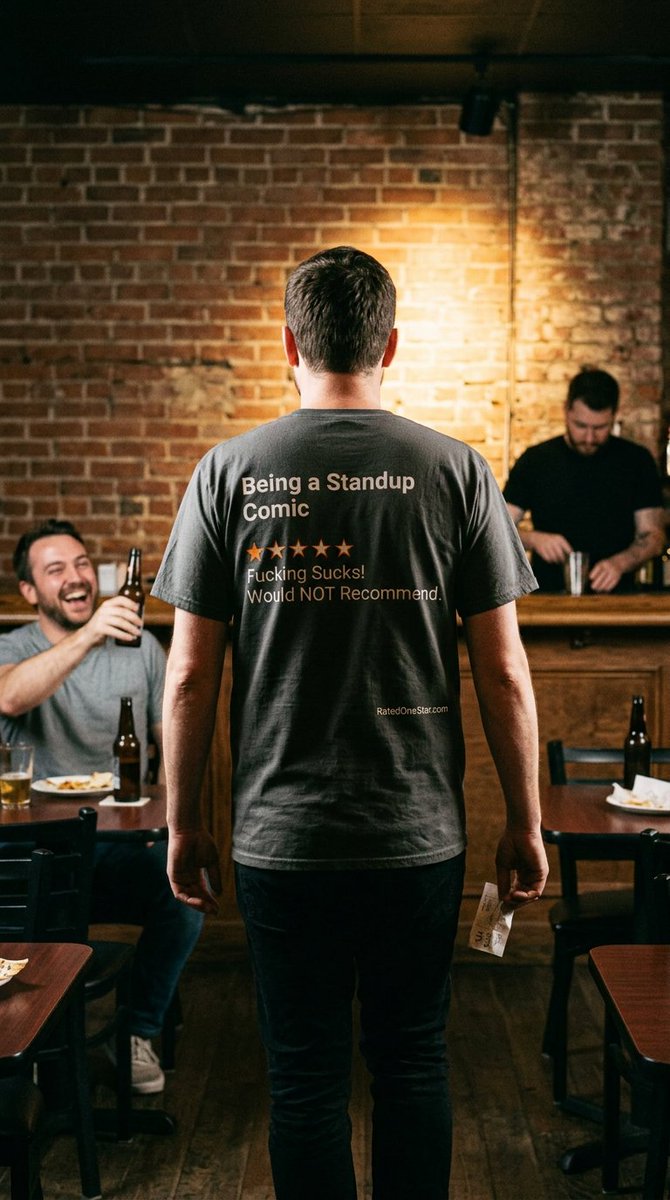 RatedOneStarHQ's tweet photo. Five minute set. Two drink minimum. Zero dollars.

Gary the heckler beat my closer, then took my spot.

Being a Standup Comic.
Rated One Star.
Royally Sucks! Would NOT Recommend.

BACK PRINT for the walk off.
Get heckled here:
https://t.co/jha6X4LksC

#StandupComedy #OpenMic https://t.co/EzFd4mPo24