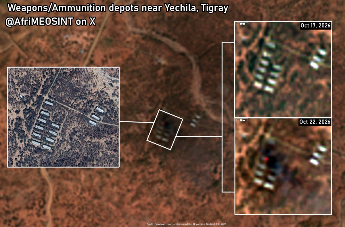 AfriMEOSINT's tweet photo. Satellite imagery shows fires at weapons/ammo depots near Yechila town in Tigray 🇪🇹, triggering massive explosions today. The origin of the fires remains unclear, though reports claim the ENDF launched a drone strike on the site before TDF could reach it.

📍 13.30997, 39.00446 https://t.co/XShOhMqg7A
