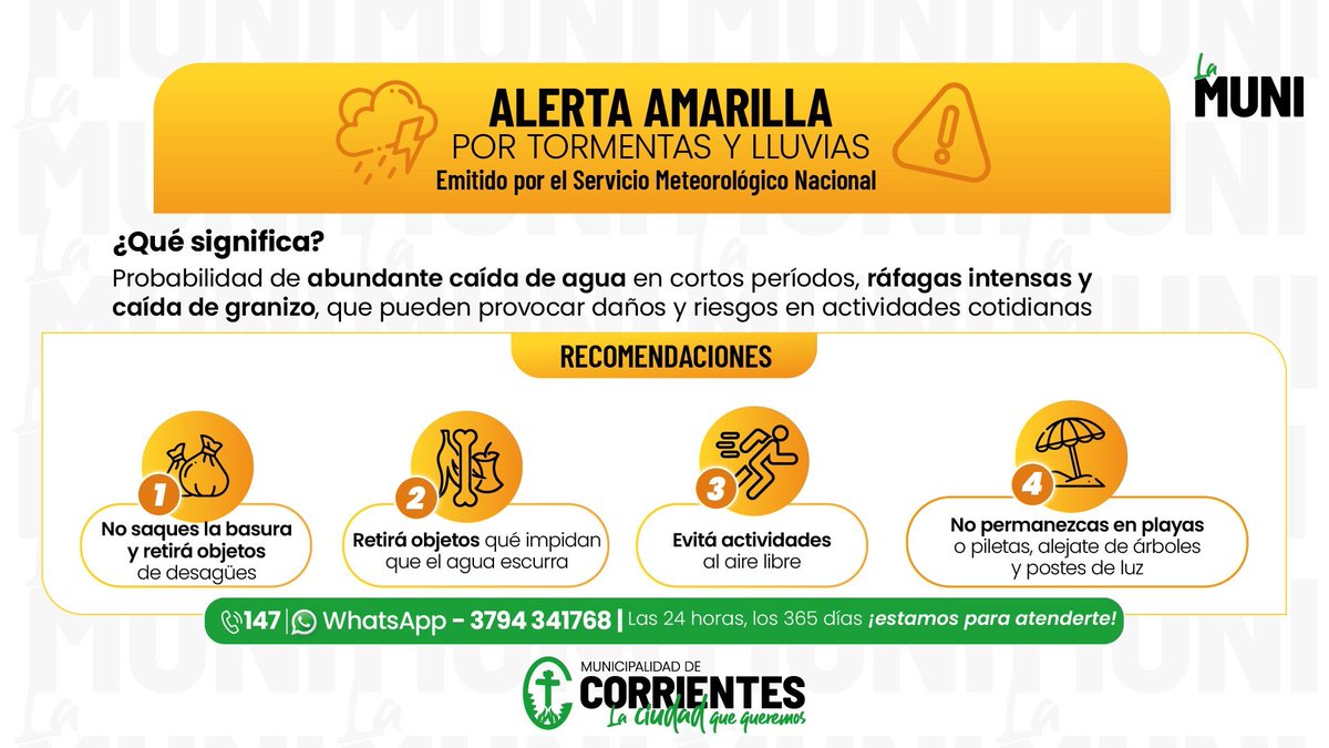 municorrientes's tweet photo. La ciudad continúa en #AlertaAmarilla por tormentas emitida por el @SMN_Argentina ⛈️ Compartimos las recomendaciones y, ante cualquier inconveniente, se encuentra a disposición la línea gratuita 147 y el MuniBot por WhatsApp al 3794 341768 📲 https://t.co/PgX39aNoDd