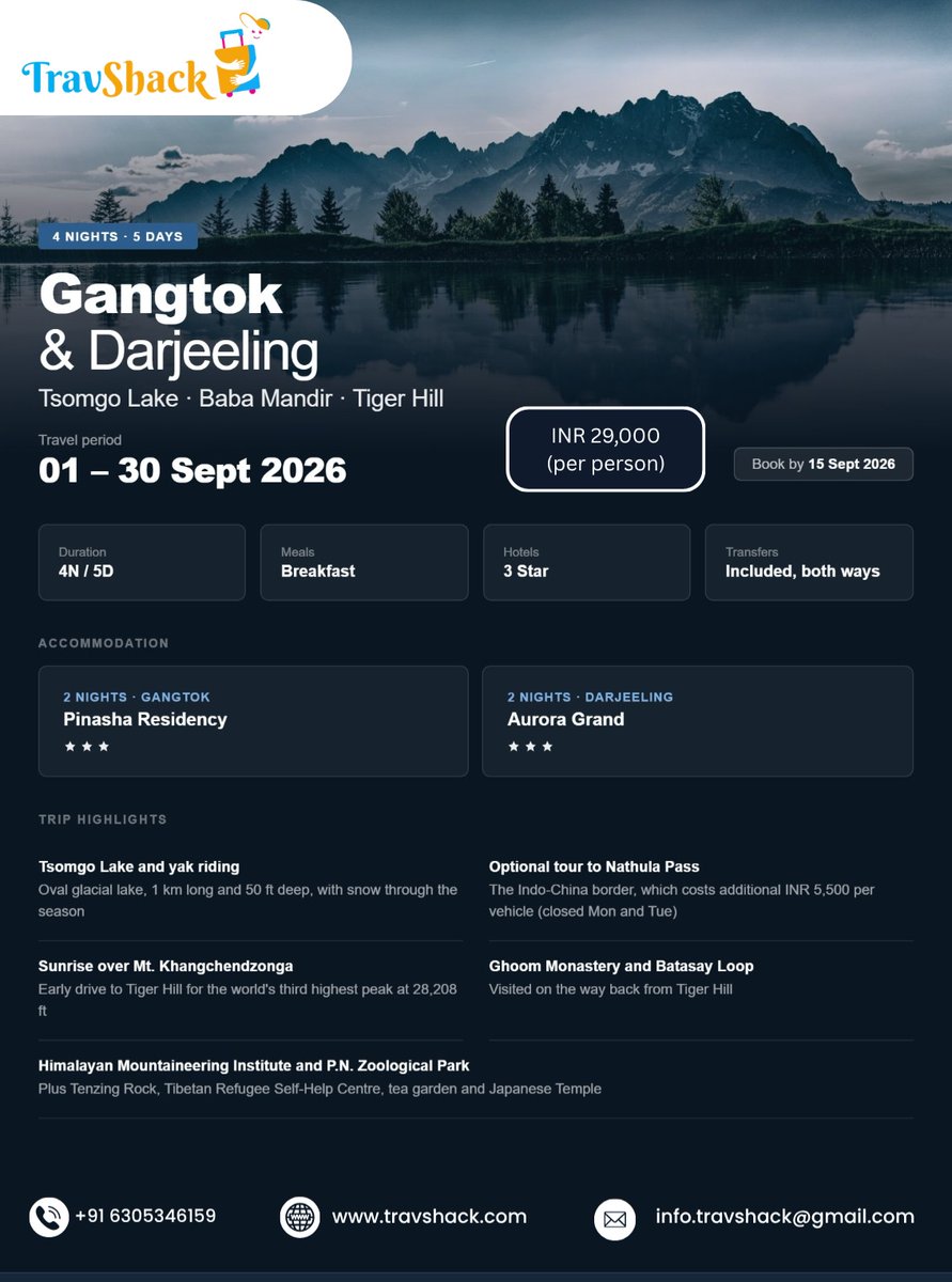 andakies's tweet photo. Gangtok &amp; Darjeeling Himalayan Escape: 4 Nights/5 Days

Travel: 1–30 September 2026
From ₹29, 000 per person

3-star hotels, breakfast and round-trip transfers included. Explore Tsomgo Lake, Baba Mandir, Tiger Hill, tea gardens and more. Book by https://t.co/2fvcZibsHW
