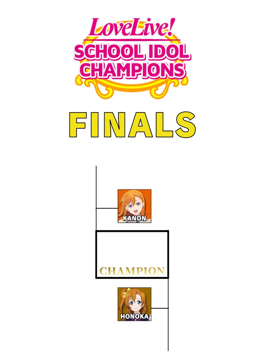 LoveLiveChamps's tweet photo. Here's the final bracket update for #LoveLiveChampions! From 64 idols, we've made our way all the way down to just two!  

Get ready to send in your vote one last time when the ballots open tomorrow! https://t.co/Pf9ZO5udc3