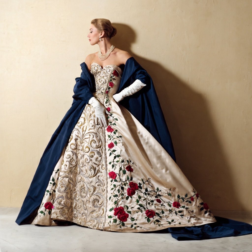 PetronellaWyatt's tweet photo. Tonight, for your delectation, we present not fashion, but art. This ivory couture ball gown by Balmain is hand-embroidered with roses and gold motifs by the famous “petites mains” of Paris. Photographed for Vogue in 1953. https://t.co/dLnNsbSxJq