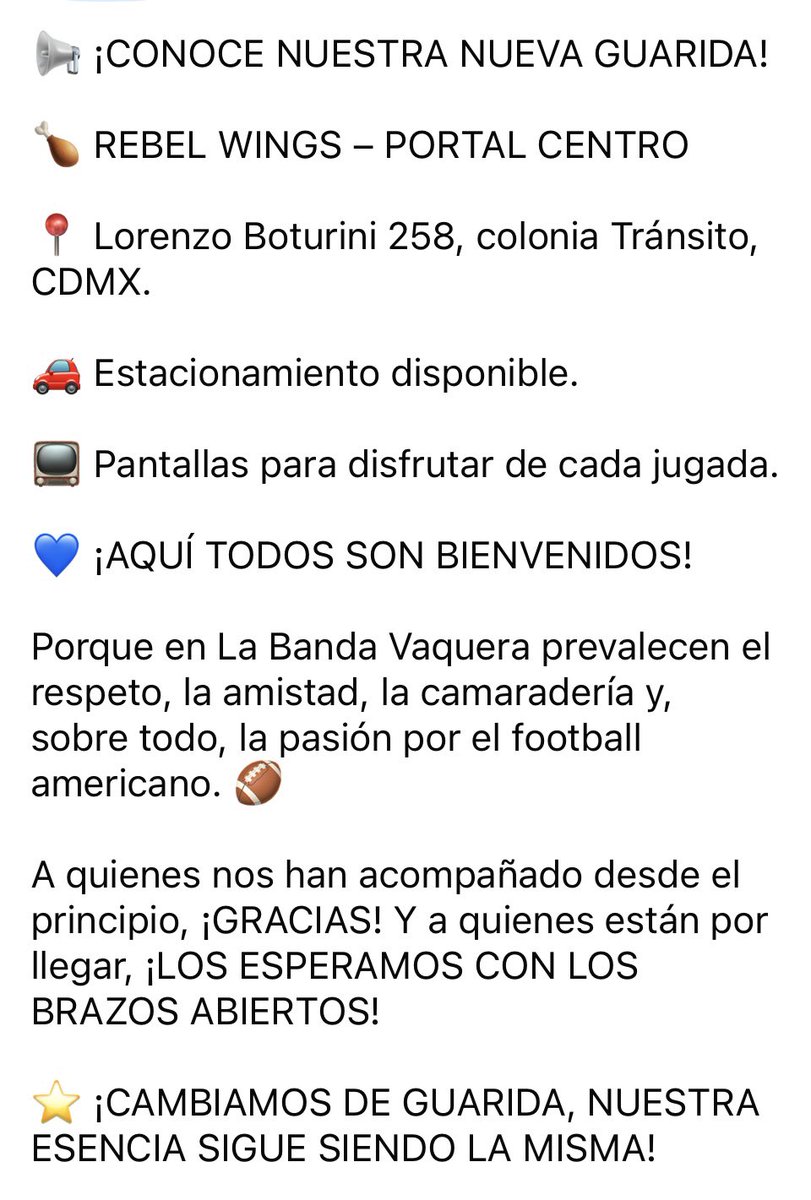 SoyBandaVaquera's tweet photo. COMUNICADO BANDA VAQUERA 🏈 ESTAREMOS EN UNA NUEVA SEDE 🙌 💙🤍🏈 https://t.co/IrDFkXC3PV