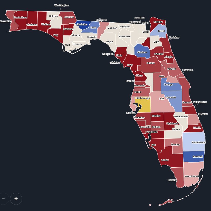 EricLDaugh's tweet photo. 🚨 WOW! Florida Republicans are winning day 4 early voting by over 12 points and nearly 100,000 REPs VOTED TODAY

🔴 Day 1: R+0.4
🔴 Day 2: R+4.2
🔴 Day 3: R+8.3
🔴 Today: R+12.2

See how GOP surges as Dems fizzle:
🟥 REP raw votes vs day 1: +42% [~100K today]
🟦 DEM raw votes vs day 1: -5.6% [72K today]

Statewide, total Democrat lead with mail is down to just 33K ballots, or 1.7 points. Expect that to flip by the weekend if this keeps up!

GOP also holding their own in the mail, it's almost identical to 2024.

MULTIPLE RED COUNTIES YET TO OPEN.

KEEP VOTING, FLORIDA ☀️