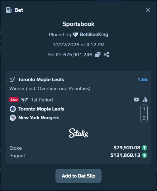 OnlyHighRoll's tweet photo. 🚨 ALERT: BetlikeaKing Single Bet Placed!

🏒 Toronto Maple Leafs - New York Rangers
💰 Stake: $79,920.08

🔗 https://t.co/XfHCjjTNAc https://t.co/F0B1TVeApj