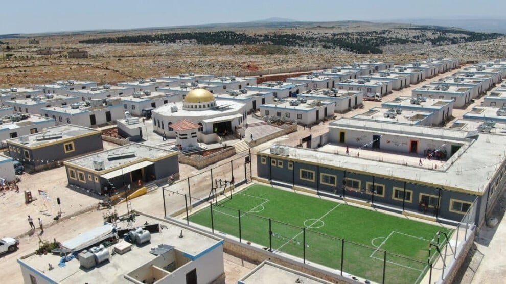 Kurdistan_AR's tweet photo. Turkey has built dozens of settlements in the Kurdish region of Afrin after displacing its Kurdish inhabitants in 2018. Following their displacement, it began building settlements to house Arabs, with Palestinian, Kuwaiti, Qatari, and other Arab organizations reportedly contributing to the funding of these projects, as you can see.

All of this has happened—and continues to happen—in full view of the entire world, with documented evidence. Yet, hardly anyone speaks out about these crimes or holds those responsible accountable!