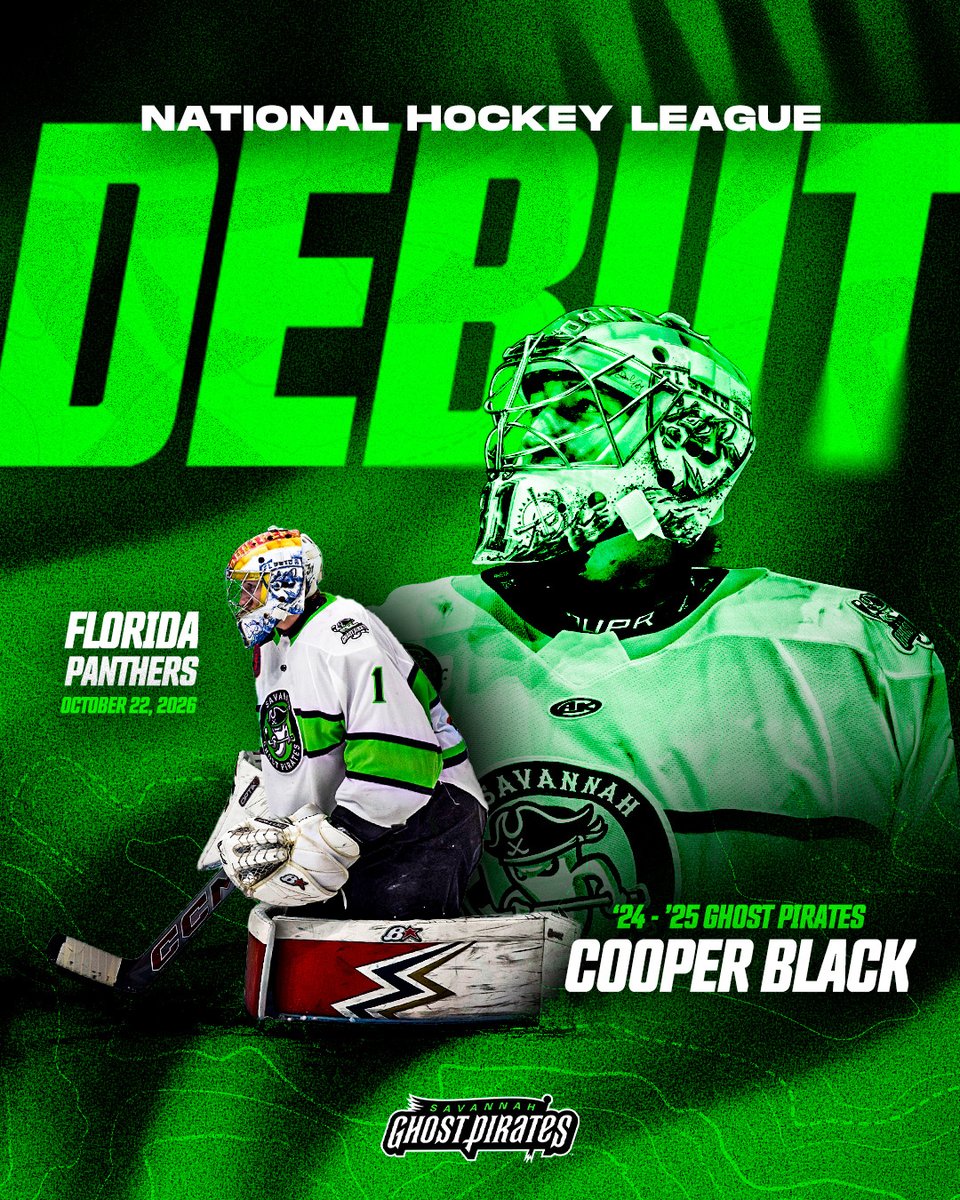SavGhostPirates's tweet photo. FROM SAVANNAH TO THE SHOW! 🥅

Former Ghost Pirate Cooper Black makes history as the tallest goalie in NHL history and makes his NHL debut TODAY with the Florida Panthers!

📰 https://t.co/SivUsGeibf https://t.co/4UcgUwysdv