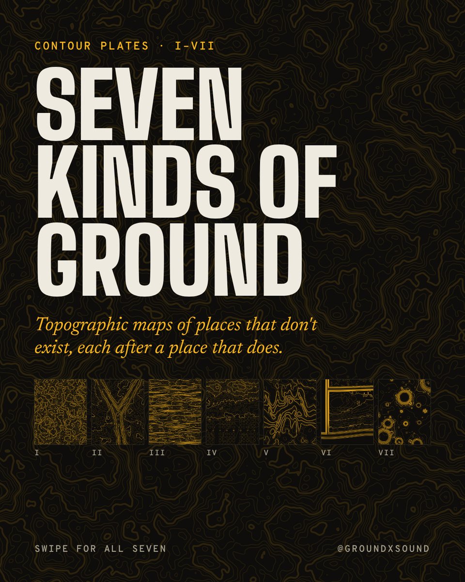 groundXsound's tweet photo. Contour Plates: seven topographic maps of places that don't exist, each after a place that does.

A recipe for a kind of ground, a seed, and lines traced at 30 even heights, every fifth one heavier, like a survey map.
https://t.co/b5Z39t4dT9 https://t.co/K0gXB01m7a