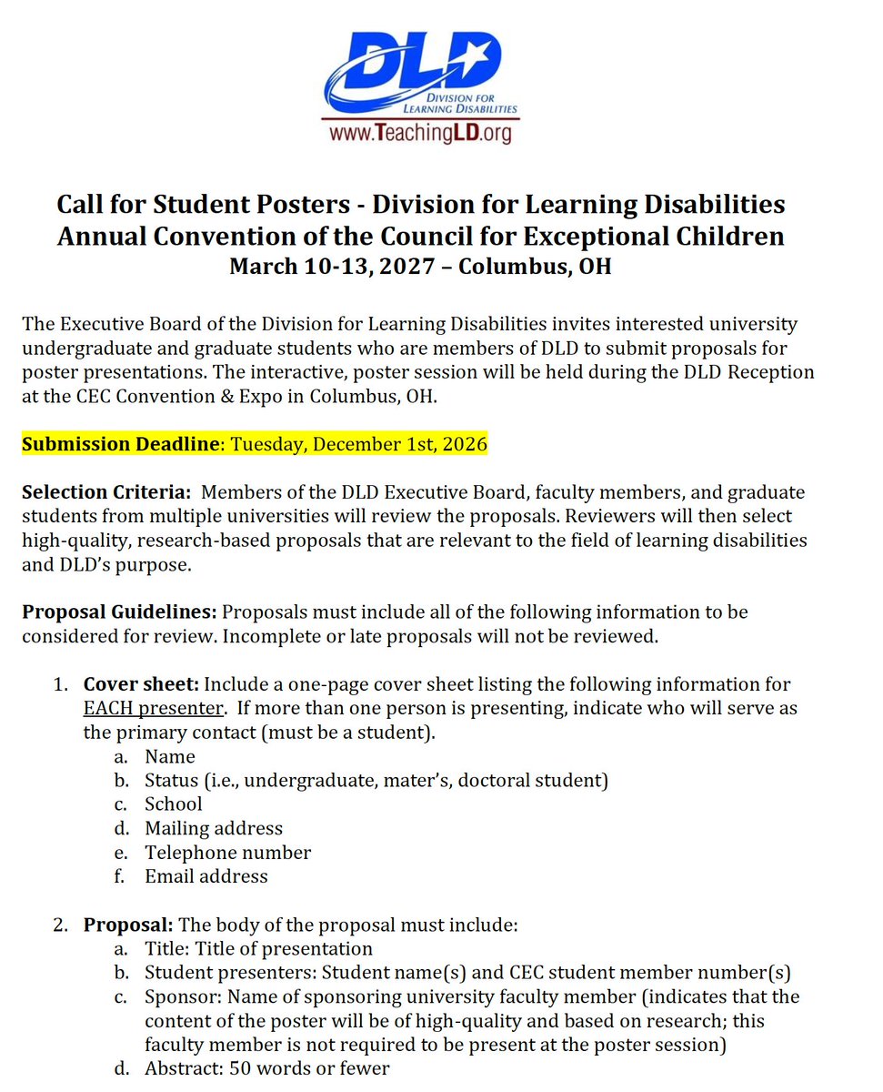 TeachingLD's tweet photo. 📣 CALL FOR STUDENT POSTERS! 🎓

Share your research, innovative practices, and ideas in special education at #CEC2027 in Ohio! Connect with fellow students, educators, and researchers while showcasing your work.

Submission deadline is December 1st!

🔗 https://t.co/VTbSdUw7u4 https://t.co/mOqWQTz1le