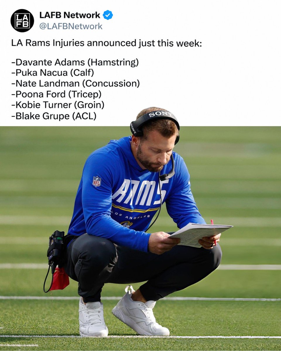LAFBNetwork's tweet photo. This might be the most brutal injury week of the Sean McVay era...

Six different LA Rams players injuries were announced just this week.

Offense, Defense, &amp; Special teams all affected. https://t.co/FdxkiF1VUG