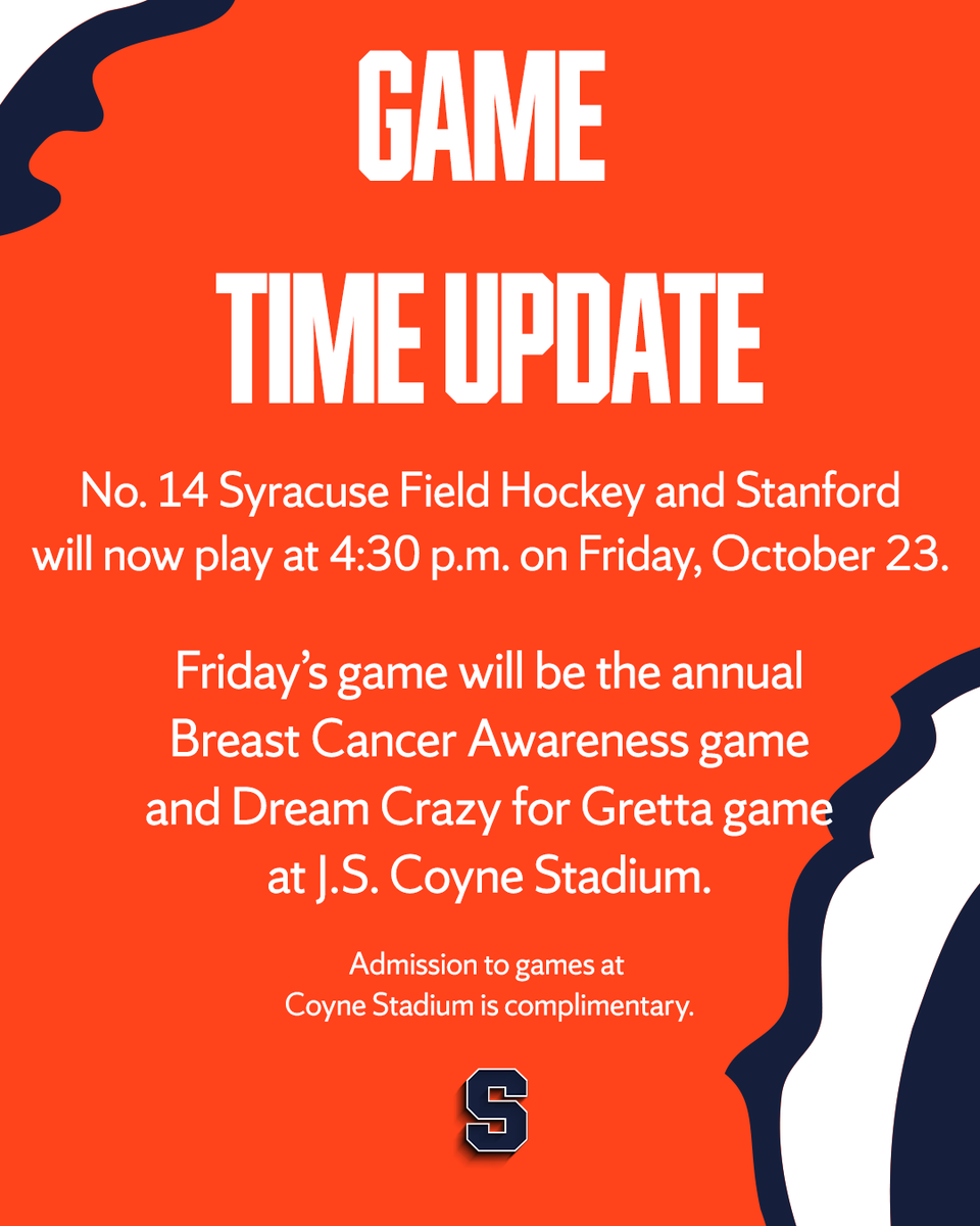 CuseFH's tweet photo. 🚨 TIME CHANGE🚨

Tomorrow's game against Stanford will now start at 4:30 pm

Friday’s is the annual Breast Cancer Awareness game with Dream Crazy for Gretta Admission is free to the game. Concessions will be open with Coca-Cola products, pizza, and candy

#lygc x #BuiltDifferent https://t.co/kG1hbgQ6AC