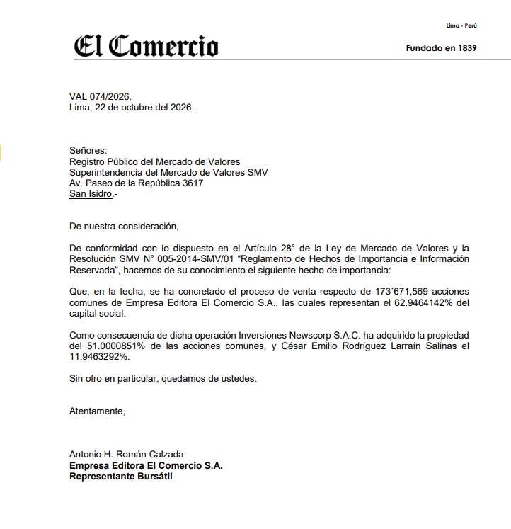 paolobenza's tweet photo. #Último La venta del Grupo El Comercio ha sido consumada. Así lo ha informado la empresa a la SMV hace unos minutos👇

Luego de que ayer se levantara la cautelar que mantenía congelada la operación, los Picasso (dueños de Medifarma) pasarán a controlar el conglomerado mediático. https://t.co/HXmLOnTfAU
