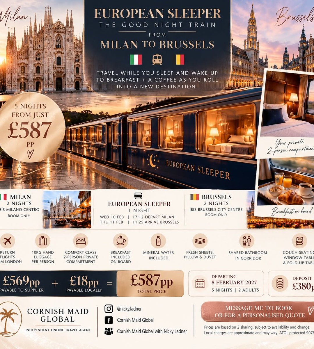 hstayse's tweet photo. Milan to Brussels by night train: 5 nights from £587pp. Includes 2 nights in Milan, a private sleeper with breakfast, 2 nights in Brussels and return flights from London. Depart 8 February 2027. Message to book. https://t.co/xcghLxxgGC