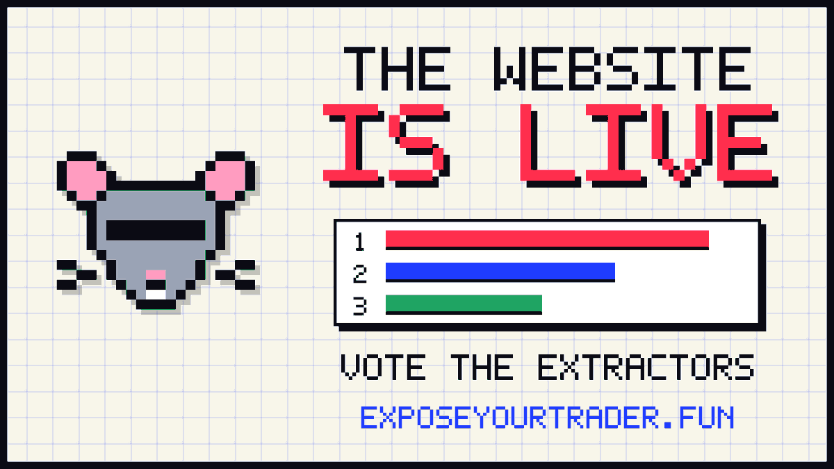 exposeyourtrade's tweet photo. The website is LIVE. 🐀

https://t.co/xHIbpL2ZpX

Vote for the callers who dump on their own followers.
Watch tracked wallets buy and sell in real time.
Every voter shares the 50M $EXPOSE airdrop pool.

Sign in with X. Expose them. https://t.co/5tTMGHUZ2Y