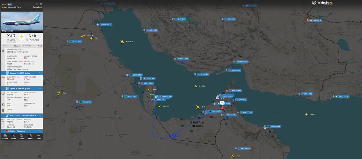 MerruX's tweet photo. USAF is still at Al Udeid Air Base in Qatar.
Refuelers Numbers are slightly lower vs last week but they have not pull out yet. These are images from a few hours ago. The number of tankers on radar over strait of hormuz has also dropped. Unclear when they plan to leave before Israel/Trump restart the war with Iran.