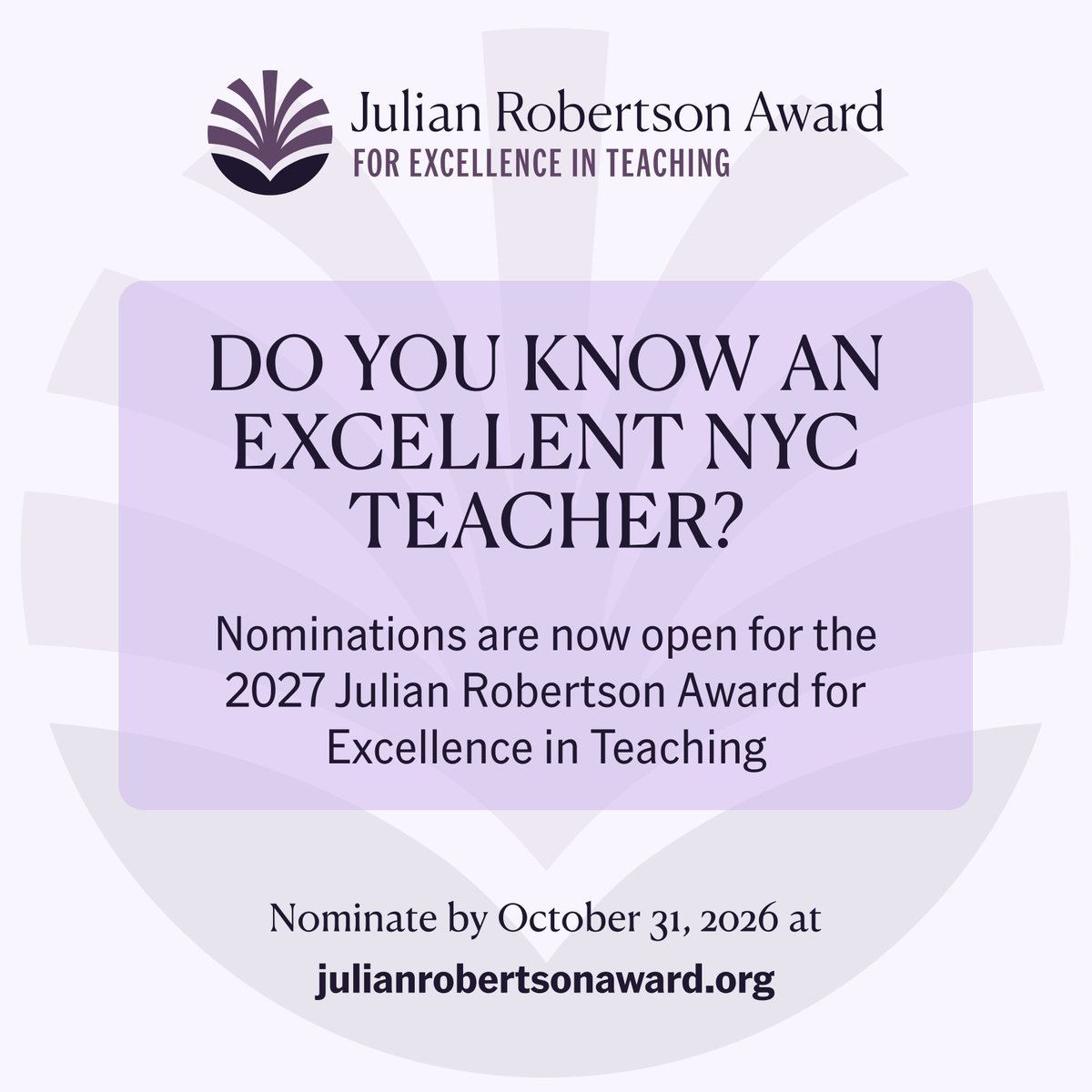 UFT's tweet photo. The Julian Robertson Award for Excellence in Teaching celebrates educators who go above and beyond for their students and communities. Each year, up to 10 teachers each receive an unrestricted cash prize of $20,000 in recognition of their impact.

Nominations are open through Saturday, Oct. 31, for any current, full-time classroom teacher, of any subject, age or grade level, working in a NYC public school (district, charter or early childhood center). Any member of the community – students, parents, colleagues, school leaders, or teachers themselves – can nominate a teacher for consideration.

Nominate an amazing teacher today at https://t.co/6GTJEibEDS