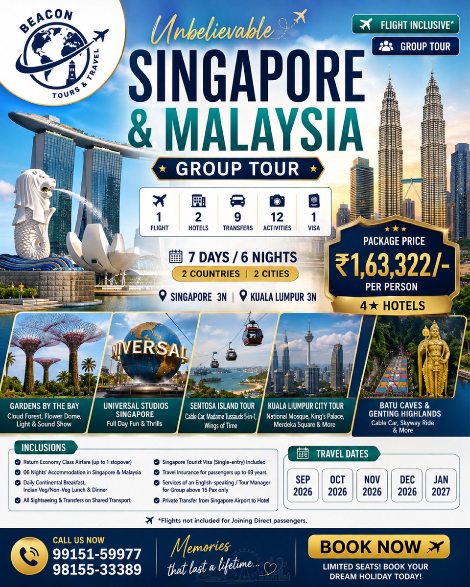 dudsschenatto's tweet photo. Double the countries, double the memories. Explore Singapore and Malaysia in 7 days and 6 nights with 4-star stays, flights, visa, meals, sightseeing, Universal Studios, Sentosa, Batu Caves and more. Travel Sept 2026–Jan 2027. Limited seats. https://t.co/eMXhBtOjj1