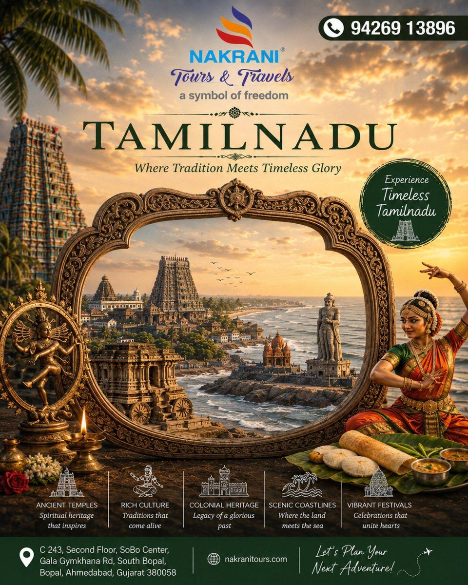 cookie_john50's tweet photo. Discover Tamil Nadu’s majestic temples, vibrant culture, historic landmarks and scenic coastlines. Plan a seamless, personalised holiday with Nakrani Tours &amp; Travels, Ahmedabad. Call 94269 13896. https://t.co/JT7mNQO2q5