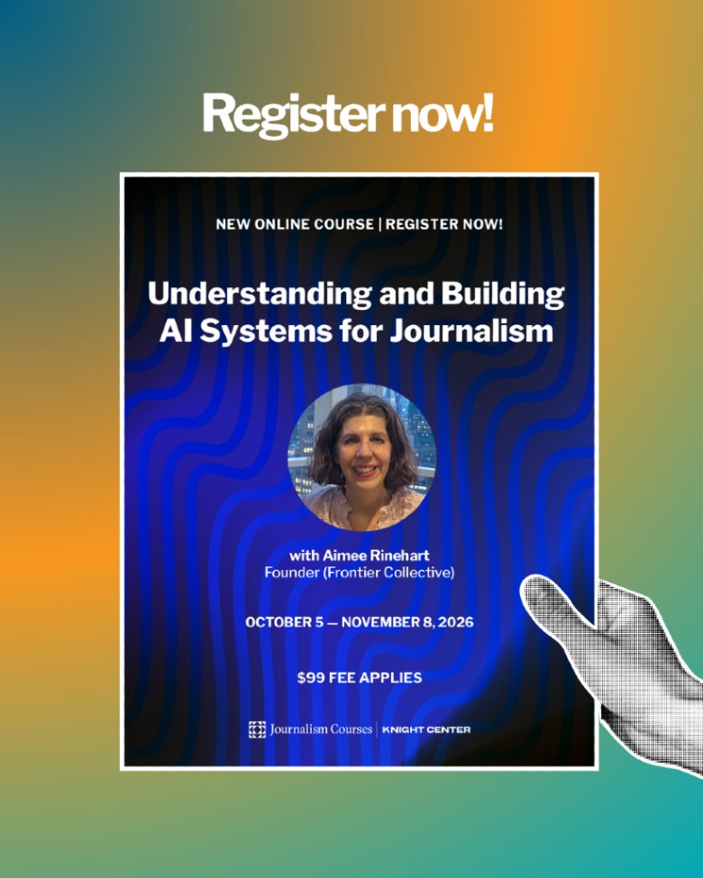 KnightCenterUT's tweet photo. In this course, Aimee Rinehart takes you beyond individual AI tools and into the systems, workflows, and strategies behind them.

Find more info 👉: https://t.co/iWFihCbWf5 https://t.co/qOZbDmLgU0