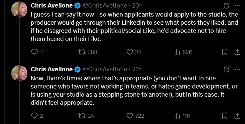 Grummz's tweet photo. This is how you ruin studios. 

Chris Avellone details how a Bioware producer would scan new hire for political alignment. If your social posts were 'problematic' you didn't get the job.

Now, this is happening at a lot of studios, not just Bioware.

It was never about diversity. https://t.co/TMimuR6kXs