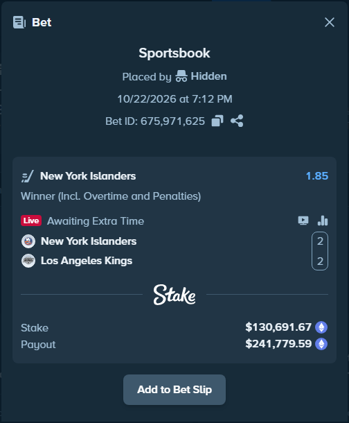 OnlyHighRoll's tweet photo. 🚨 ALERT: High Roller Single Bet Placed!

🏒 New York Islanders - Los Angeles Kings
💰 Stake: $130,691.67

🔗 Track &amp; more: https://t.co/kHtU8lnnyu https://t.co/DXUpcAdAZ8