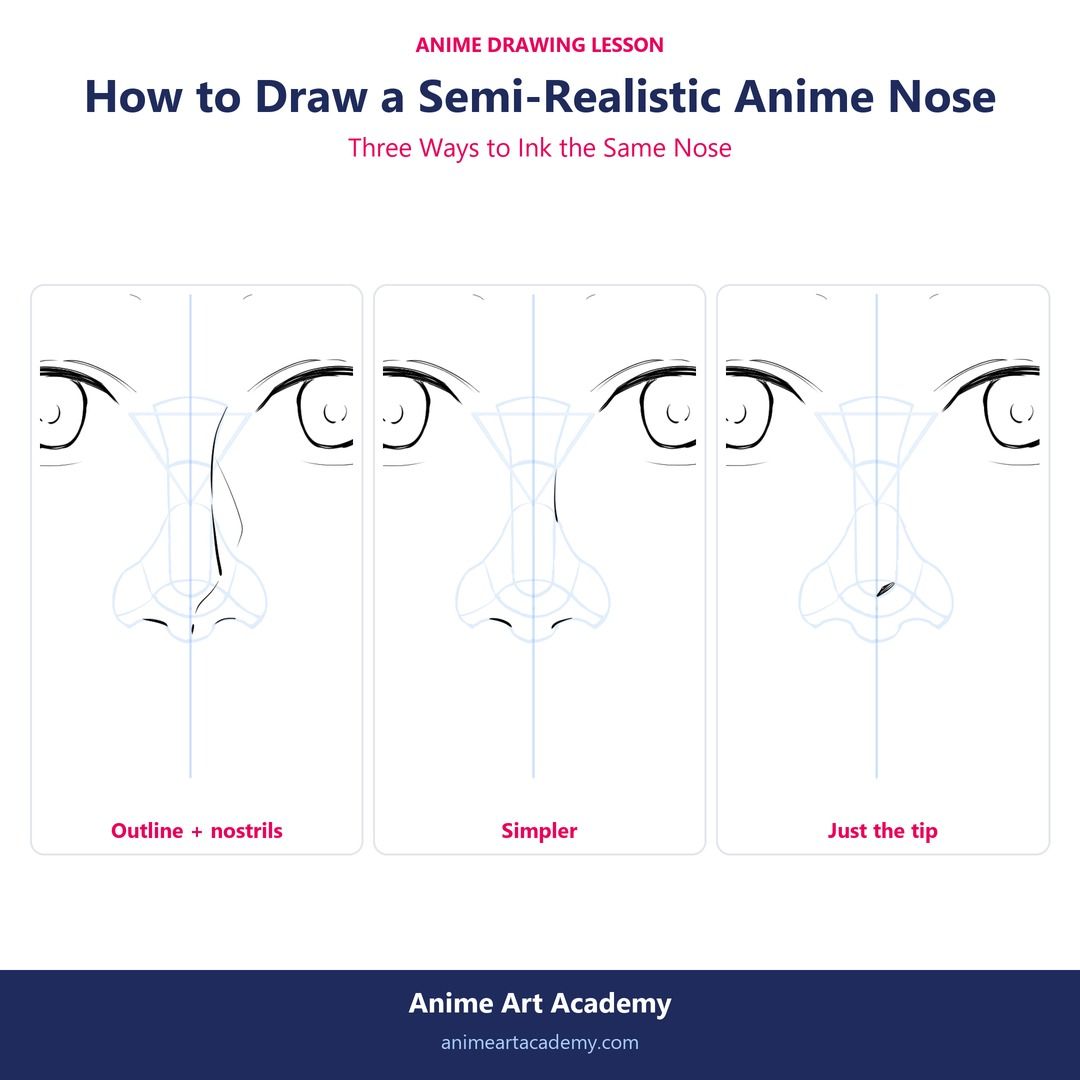 AnimeArtAcademy's tweet photo. Same nose, three ways to ink it: the full outline, a simpler line, or just the tip.
The full explanation is in our free guide: https://t.co/rmHmvHTi5N
#AnimeArt #DrawingTips https://t.co/jQGrvQCrrk