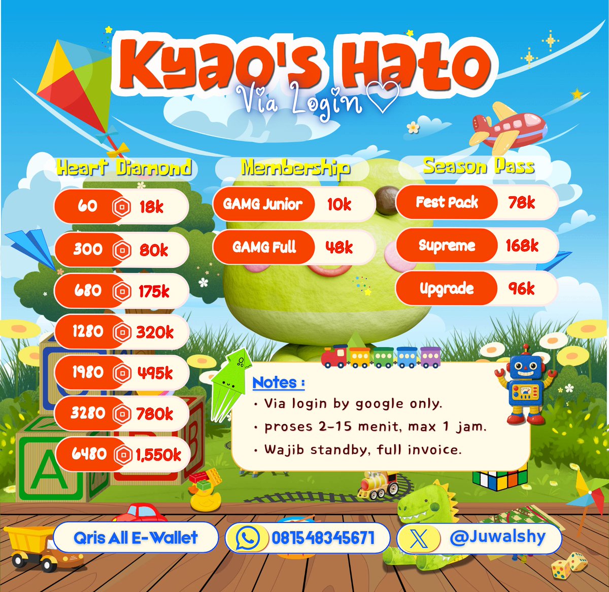 kyaomie's tweet photo. 𓂃 ࣪⋆
haloo, aku open top up hato heartopia, robux vilog, visend, gamepass dan subs plus. clean &amp; proses supa wush iaa >__0⭐🍀

𐙚⭑testi : https://t.co/28IZ7thhpP
𐙚⭑contact : https://t.co/fKFcf5FJMu 

#zonauang https://t.co/P3ahx4f8bv