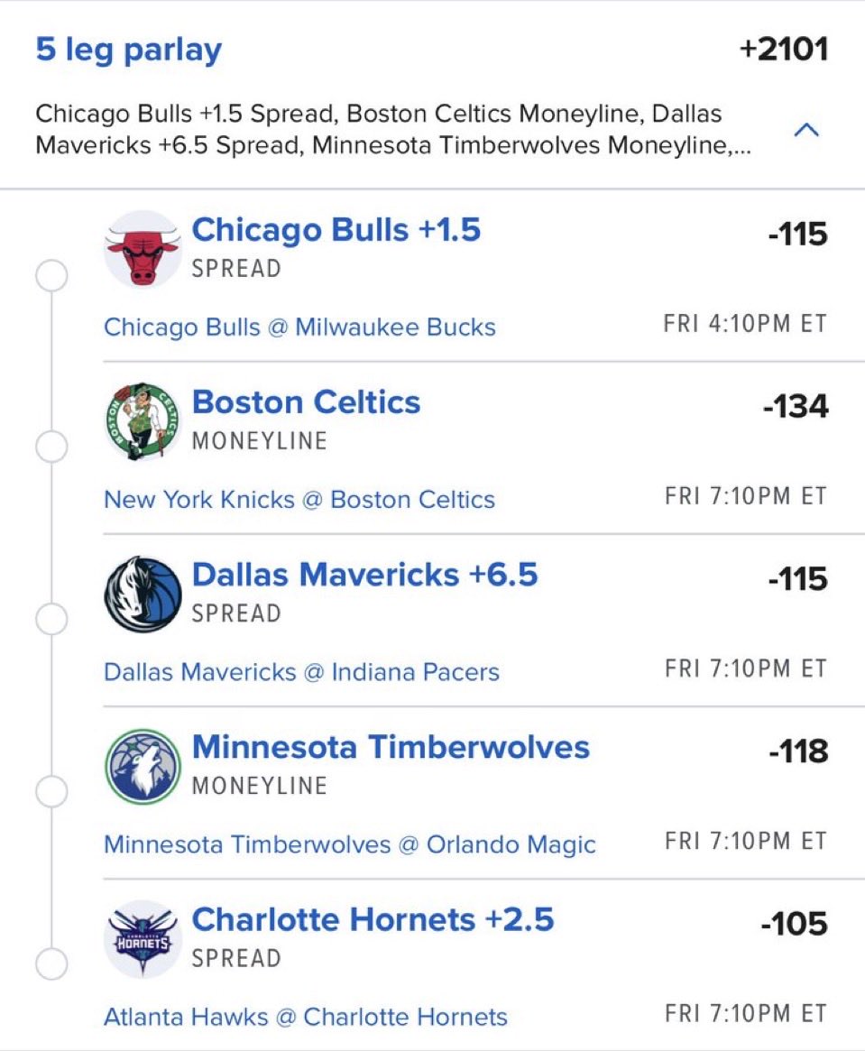 GeniusBrooks's tweet photo. ๐จ 5-LEG NBA PARLAY +2101 ๐จ
โ
Bulls +1.5 (vs Bucks)
โ
Celtics ML (vs Knicks)
โ
Mavericks +6.5 (vs Pacers)
โ
Timberwolves ML (vs Magic)
โ
Hornets +2.5 (vs Hawks)
Friday slate ๐ฅ
Whoโs with me?
#NBA #NBABets #Parlay #SportsBetting #LockItIn #Bulls #Celtics #Mavs #Timberwolves #Hornets #NBANight #BasketballParlay