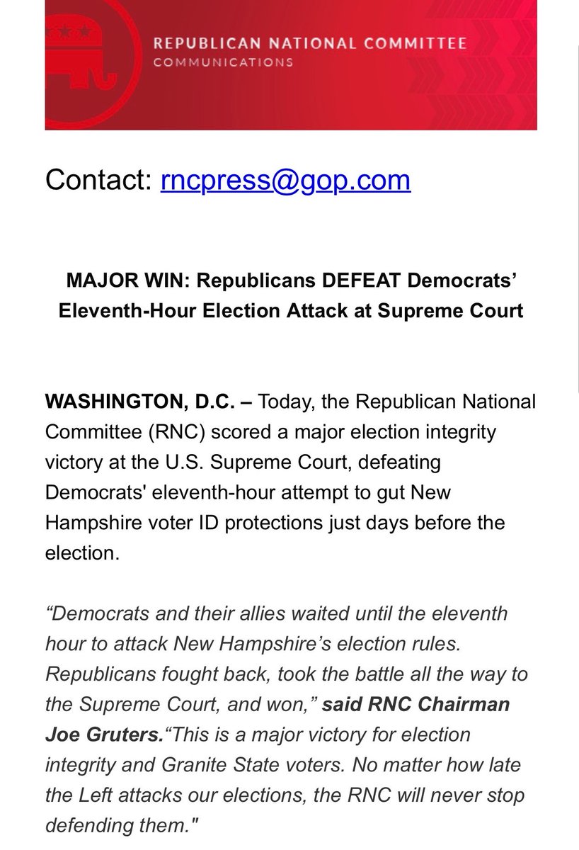 RNCVoteProtect's tweet photo. 🚨 SUPREME COURT WIN 🚨

Democrats launched an eleventh-hour attack on New Hampshire’s voter ID protections. Republicans fought back AND WON. More ⬇️ https://t.co/5lpBMsKbN8