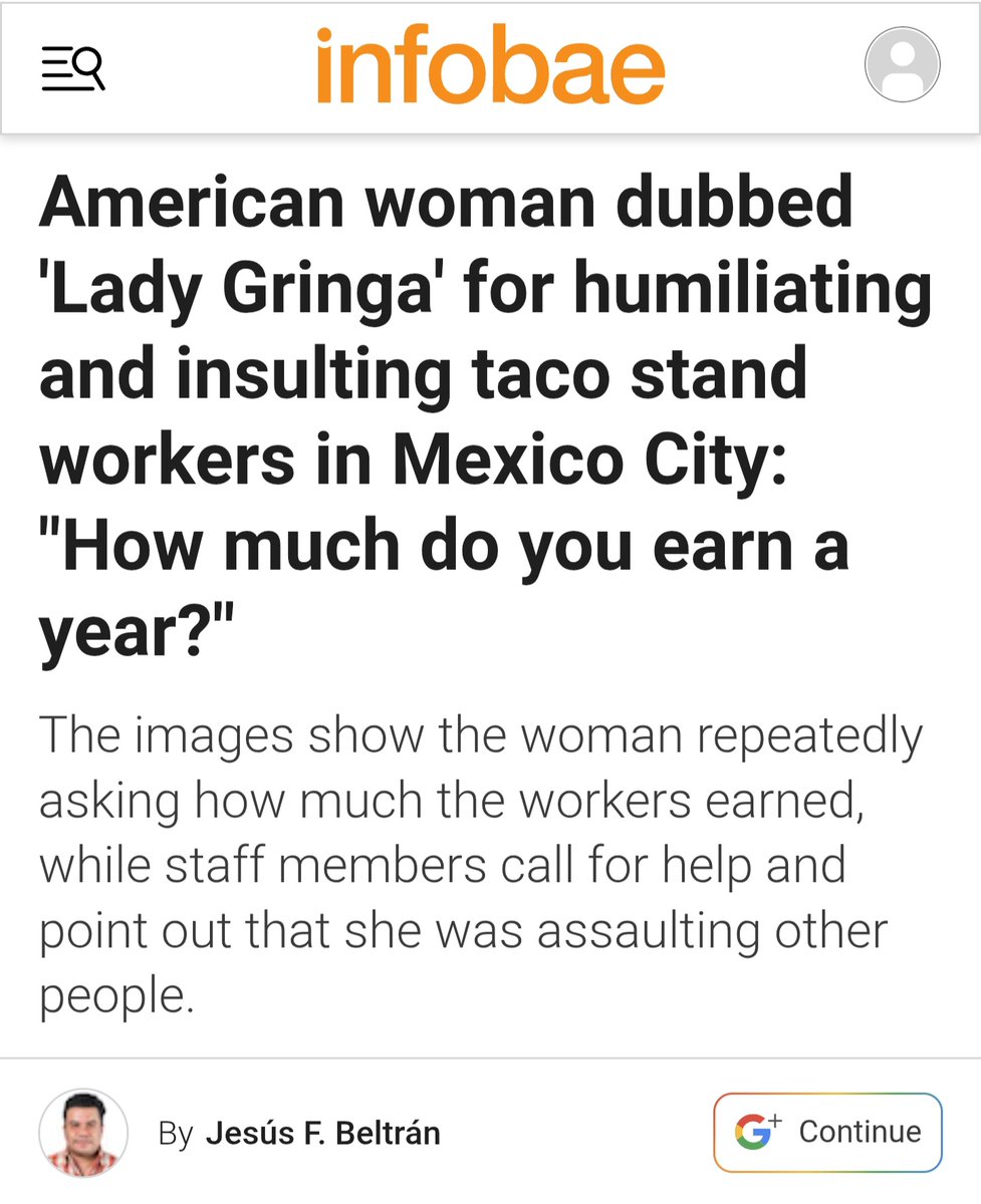LongTimeHistory's tweet photo. An American woman was involved in a confrontation at a taco restaurant in Mexico City after insulting employees and customers.

The woman was nicknamed "Lady Gringa" due to the derogatory comments she made toward Mexicans.

The young man stated that he decided to record the confrontation after the alleged insults and aggression.

He also claimed that the foreign woman used terms like "beaners" and "wall jumpers" to refer to Mexicans.

Link to full story:
https://t.co/JthYszYzPI 

By — Jesús F. Beltrán @Jesus_Y2J 
Infobae México @infobaemexico