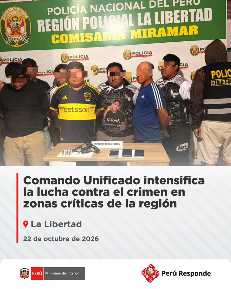 MininterPeru's tweet photo. 🚨 ¡Más operativos y golpes a la criminalidad en La Libertad!

El #ComandoUnificado, a través de la PNP, mantiene intervenciones focalizadas en zonas críticas de la región, con patrullajes, escuadrón de drones, inteligencia operativa y apoyo de drones.

👮‍♂️ Entre los resultados destacan la captura de presuntos extorsionadores y sicarios, además de la incautación de armas, chips telefónicos y más de 5000 explosivos ocultos en un socavón.

🇵🇪 #PerúResponde ante el crimen.

🗞️ Más información aquí: https://t.co/z1mv60camp