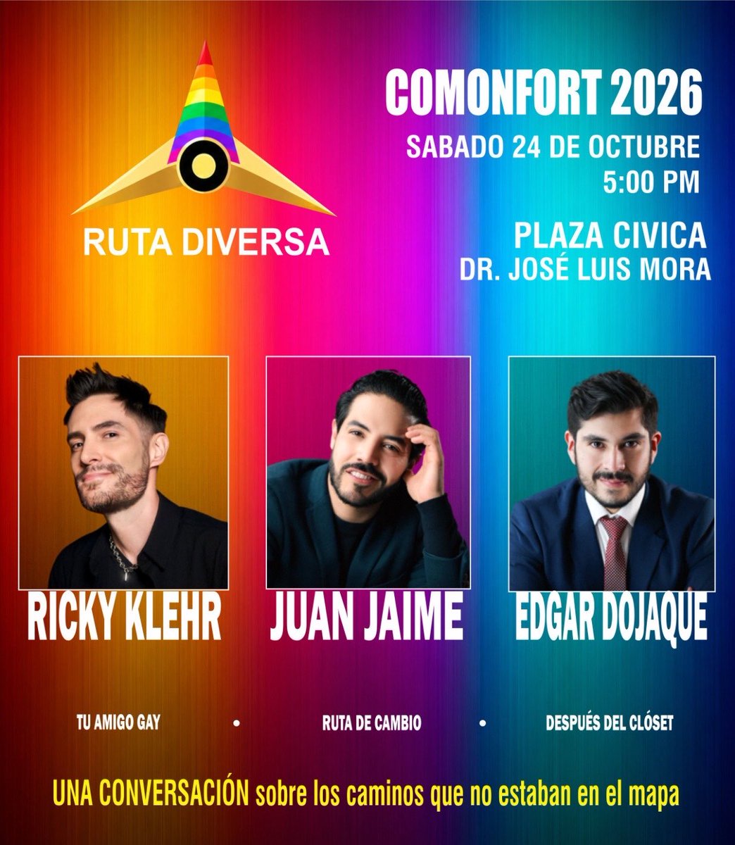 RickyKlehr's tweet photo. Este sábado 24 de octubre a las 5pm en la Plaza Cívica de Comonfort Guanajuato, llegará un arcoíris de amor con nuestra Ruta Diversa para darte palabras de amor, justicia, respeto e inclusión LGBT.
Estaremos Juan Jaime González Varas, Edgar Dojaque y yo Ricky Klehr.
Te esperamos https://t.co/HijU7bgIMi