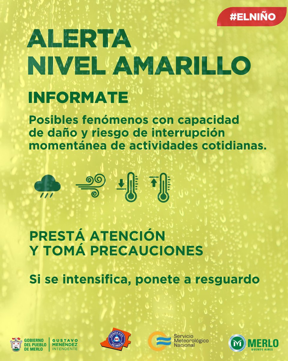 MerloGob's tweet photo. ¿Sabés que hacer ante una alerta meteorológica? ⛈

⚠️ El Sistema de Alerta Temprana (SAT) del Servicio Meteorológico Nacional nos informa con anticipación sobre la posible ocurrencia de fenómenos meteorológicos peligrosos

#Alerta #Merlo
#MerloGob
#GustavoMenéndezIntendente https://t.co/KDvr2AvdMq