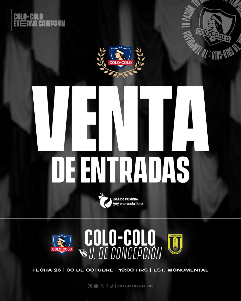 ColoColo's tweet photo. 𝗩𝗲𝗻𝘁𝗮 𝗱𝗲 𝗲𝗻𝘁𝗿𝗮𝗱𝗮𝘀 🆚 U. de Concepción 

Mañana desde las 10:00 hrs, comienza el proceso de canje y venta de entradas para la fecha 26 de la #LigaDePrimeraMercadoLibre 🏆🇨🇱

𝗩𝗘𝗡𝗧𝗔 𝗦𝗢𝗖𝗜𝗢𝗦 𝗖𝗦𝗬𝗗 𝗖𝗢𝗟𝗢-𝗖𝗢𝗟𝗢 desde las 12:00 horas.

𝗣𝗥𝗘𝗩𝗘𝗡𝗧𝗔 𝗧𝗘𝗡𝗣𝗢 estará disponible desde mañana a las 17:00 horas (Debes ser cliente Tenpo para acceder a la preventa).  

🎟️ Durante la preventa puedes adquirir hasta 2 tickets por cuenta Puntoticket, mientras que en la venta general el máximo es de 4 entradas.

👀 Importante: todos los hinchas deben estar inscritos en el Registro Facial de Colo-Colo.