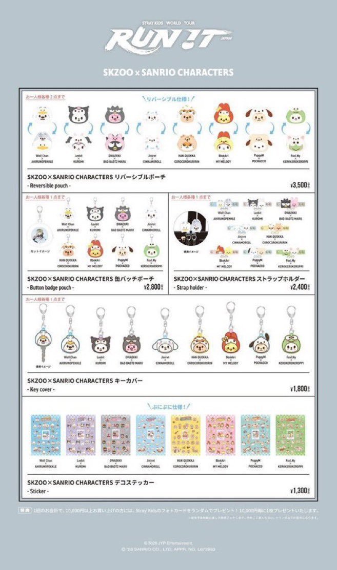yakutsa4's tweet photo. RUN IT POPUP ポップアップ スキズ straykids 代行　福岡公演

譲)ご希望商品

求)商品代金+送料+代行費

・福岡公演　会場販売　10/24 
・ 代行費
　福岡・東京公演手渡し500円
　郵送300円
　+アパレル:¥500
　+サンリオ:¥100 https://t.co/BmwJGZVfPB