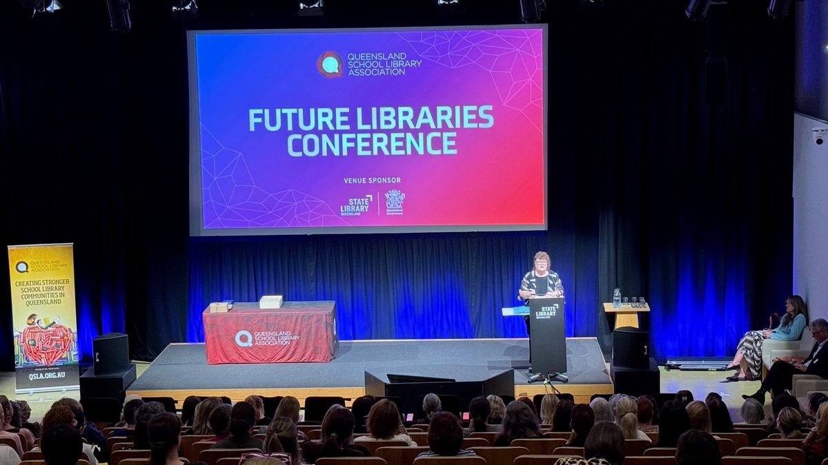 QldSLA's tweet photo. 🎤 And we're off! Scott Martin, Acting State Librarian and CEO of SLQ, and Bernadette Power, QSLA President, officially open the 2026 Future Libraries Conference! Celebrating Queensland school libraries! 📚✨

#QSLAFutureLibraries2026 #QLDSchoolLibraries #LibraryLeadership https://t.co/7DTaL5ajcN