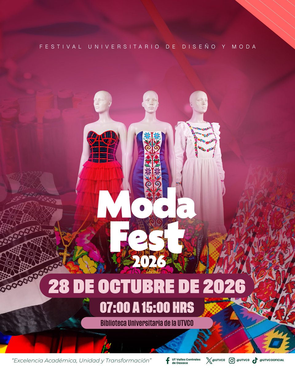 utvco's tweet photo. ¡Te invitamos al Moda Fest 2026! 👗✂️

Las y los alumnos de la carrera de Diseño Textil y Moda, invitan a la comunidad UTVCO a este Festival Universitario de Diseño y Moda. 

🗓️: 28 de octubre
⏰: De 07:00 a 15:00 horas 
📍: Biblioteca Universitaria de la UTVCO 

#OrgulloUTVCO 🦅 https://t.co/hNxPVt5p7M