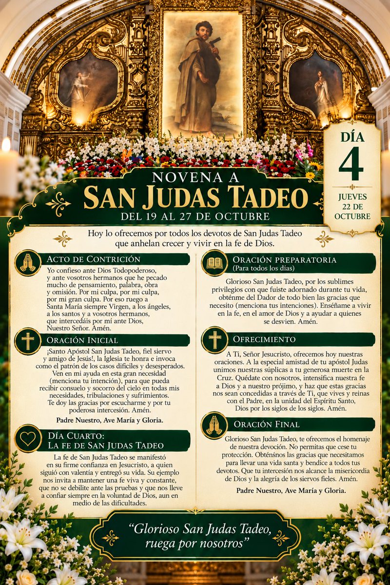 SanJudasTadeoGt's tweet photo. 🙏🏻🕯️ NOVENA EN HONOR A SAN JUDAS TADEO

💚 DÍA CUARTO | 

Hoy corresponde rezar el cuarto día de nuestra novena preparatoria, dedicado a «La fe de San Judas Tadeo». 

¡Glorioso San Judas Tadeo, apóstol y mártir, ruega por nosotros! 💚 https://t.co/C4neAlmAFO