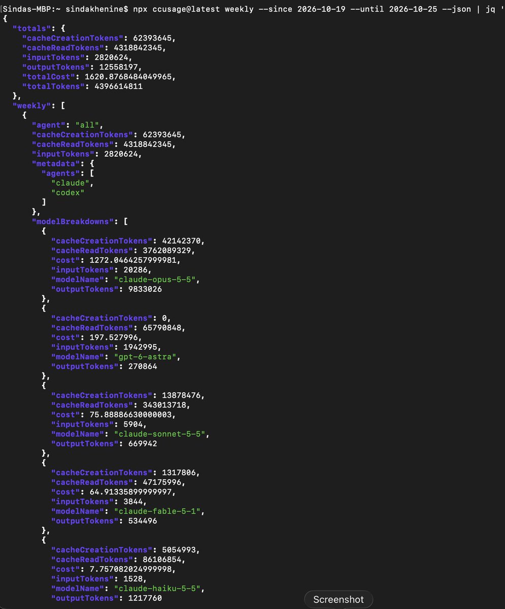 SKatalystAI's tweet photo. Here you go! Ran ccusage for this week and filtered out Codex.

Claude only:
• $1,420.61 API-equivalent usage
• 408M cache reads
• 12.26M output tokens
• 6.24M cache writes
• Mostly Opus 5.5
And my weekly usage meter was at 82%.
These are local usage estimates, not actual charges. Curious how yours compares!