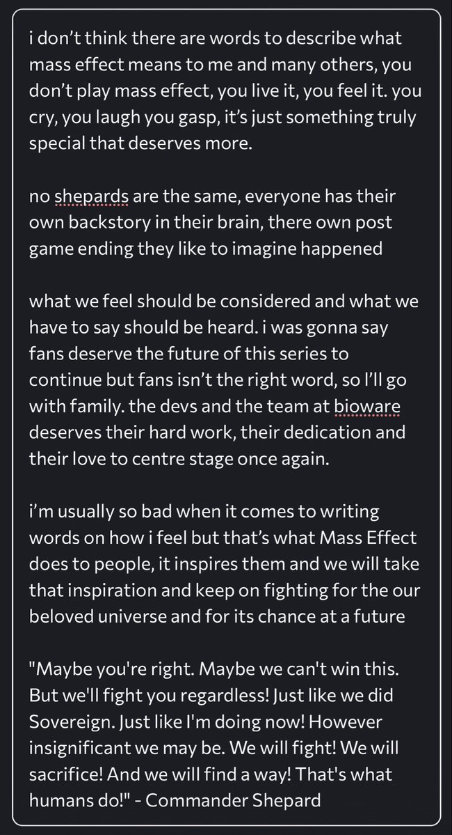 binwitch's tweet photo. and it’s that serious to me that i wrote a novel when i struggle with words 

#SaveMassEffect https://t.co/3WHmmHy70K