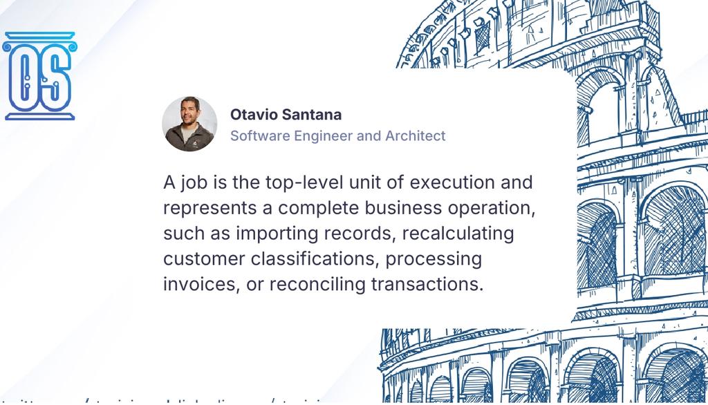 otaviojava's tweet photo. A job is the top-level unit of execution and represents a complete business operation, such as importing records, recalculating customer classifications, processing invoices, or reconciling transactions.
Read more 👉 https://t.co/I3i619CvUr
#BatchProcessing #DataProcessing https://t.co/W0HjKafhIX