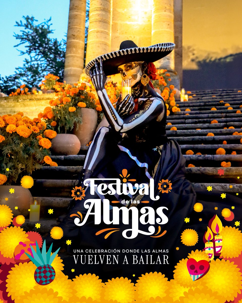 VisitMex's tweet photo. Del 24 de octubre al 15 de noviembre, Jalisco se envuelve en misticismo con el Festival de las Almas.
Déjate enamorar por la riqueza folclórica y el colorido de una de las fiestas más mexicanas y descubre cómo recibimos a quienes nos visitan desde le Mictlán. 

📍 Guadalajara, Tlajomulco, Puerto Vallarta, Chapala, Zapopan, Zapotlanejo, Tlaquepaque, Sayula, Tequila,Mazamitla, Lagos de Moreno, Cocula y más. 

Prepárate para celebrar con una agenda cultural y de entretenimiento con el sello de calidad de Jalisco. 

-

From October 24 to November 15, Jalisco wraps itself in mysticism with the Festival de las Almas.
Fall in love with the rich folklore and vibrant colors of one of Mexico’s most iconic celebrations, and discover how we welcome those visiting us from Mictlán.

📍 Guadalajara, Tlajomulco, Puerto Vallarta, Chapala, Zapopan, Zapotlanejo, Tlaquepaque, Sayula, Tequila, Mazamitla, Lagos de Moreno, Cocula, and more.

Get ready to celebrate with a cultural and entertainment lineup showcasing Jalisco's signature touch of excellence!

#JaliscoIsMexico #JaliscoEsMéxico #VisitMexico #DiaDeMuertos