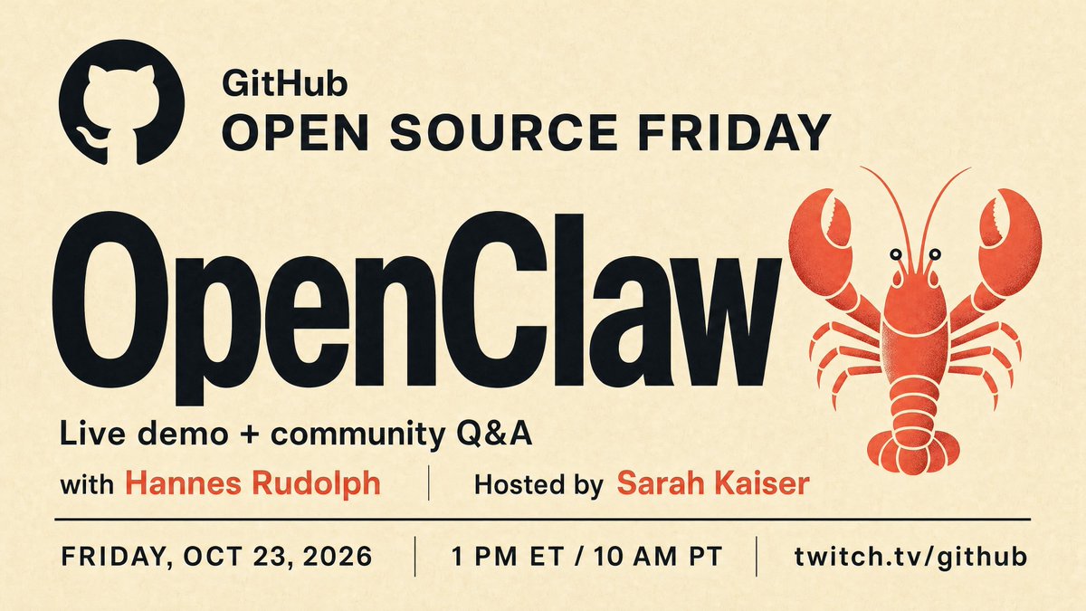 openclaw's tweet photo. Tomorrow, @hrudolph joins @crazy4pi314 for @github's Open Source Friday, with a live OpenClaw demo and community Q&amp;A.

Oct 23 · 1pm ET / 10am PT / 11am MDT
https://t.co/bk5a0CZYBm

Thanks @acolombiadev and the GitHub team for having us! https://t.co/15Nlg7OmlN