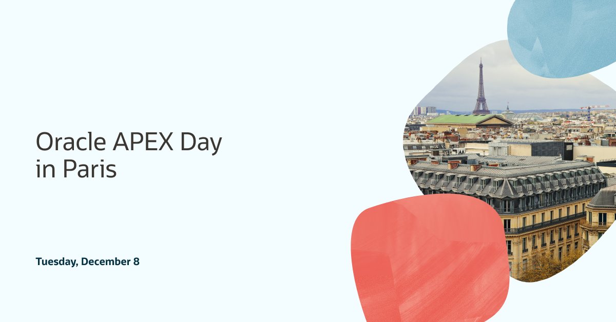 OracleAPEX's tweet photo. 🇫🇷 Join us in Paris on December 8 for Oracle APEX Day!
Spend a free day connecting with the Oracle APEX product team and exploring the new capabilities in APEX! The program includes demos, customer stories, and more!
🎟️ Register now: https://t.co/nsqOF0O6ei
#orclAPEX #LowCode https://t.co/cIQxmryUyc