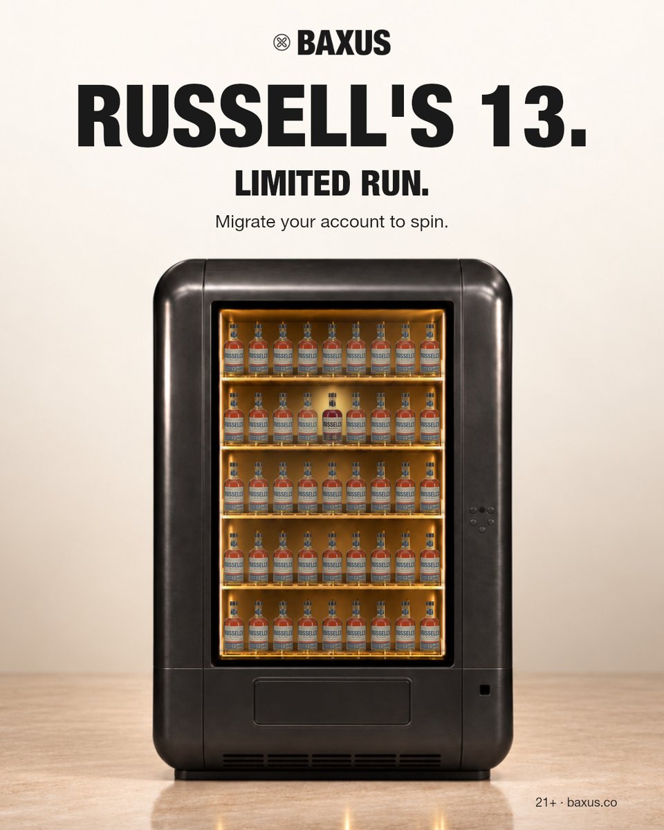 BAXUSco's tweet photo. Sneaky drop. The Russell's machine is live on BAXUS.

Limited run, no password, first come first served. Once it's empty, it's gone. 🥃💨

https://t.co/GWBhmUkPX3 https://t.co/aPmTLdXDOY